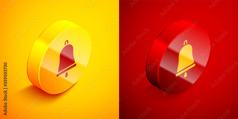 Isometric Ringing bell icon isolated on orange and red background. Alarm symbol, service bell, handbell sign, notification symbol. Circle button. Vector Illustration Isometric Ringing bell icon isolated on orange and red background. Alarm symbol, service bell, handbell sign, notification symbol. Circle button. Vector Illustration
