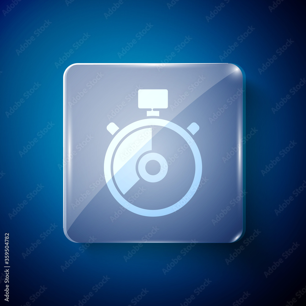 White Stopwatch icon isolated on blue background. Time timer sign. Chronometer sign. Square glass panels. Vector Illustration White Stopwatch icon isolated on blue background. Time timer sign. Chronometer sign. Square glass panels. Vector Illustration