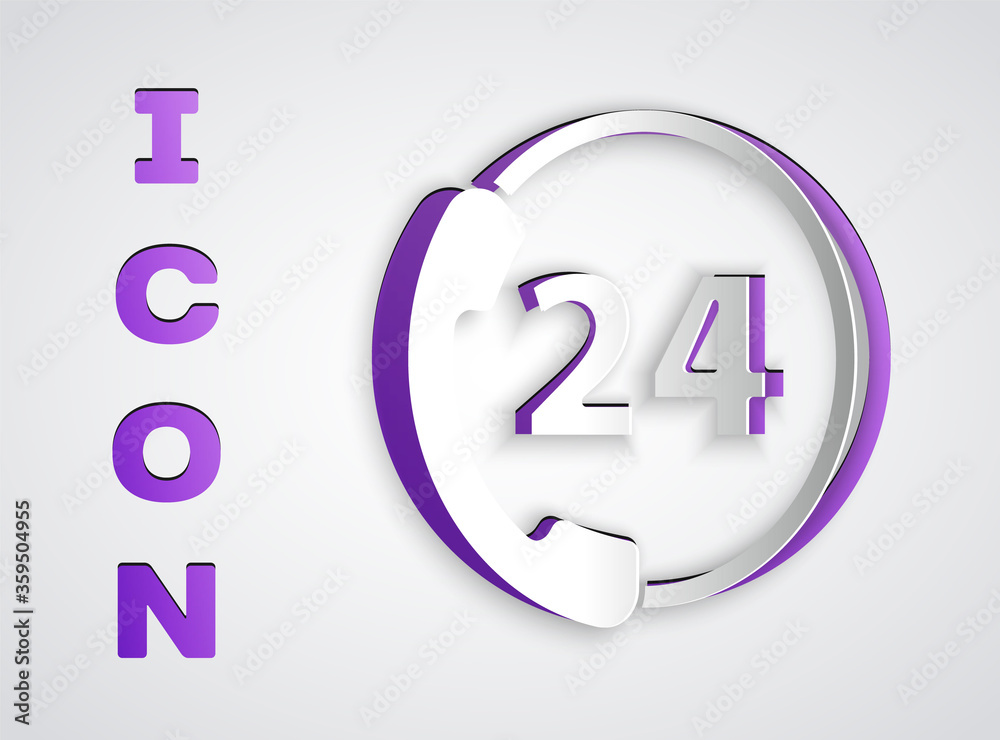Paper cut Telephone 24 hours support icon isolated on grey background. All-day customer support call-center. Full time call services. Paper art style. Vector Illustration Paper cut Telephone 24 hours support icon isolated on grey background. All-day customer support call-center. Full time call services. Paper art style. Vector Illustration