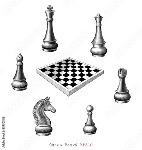 Chess Board hand drawing vintage style black and white clip art isolated on white background