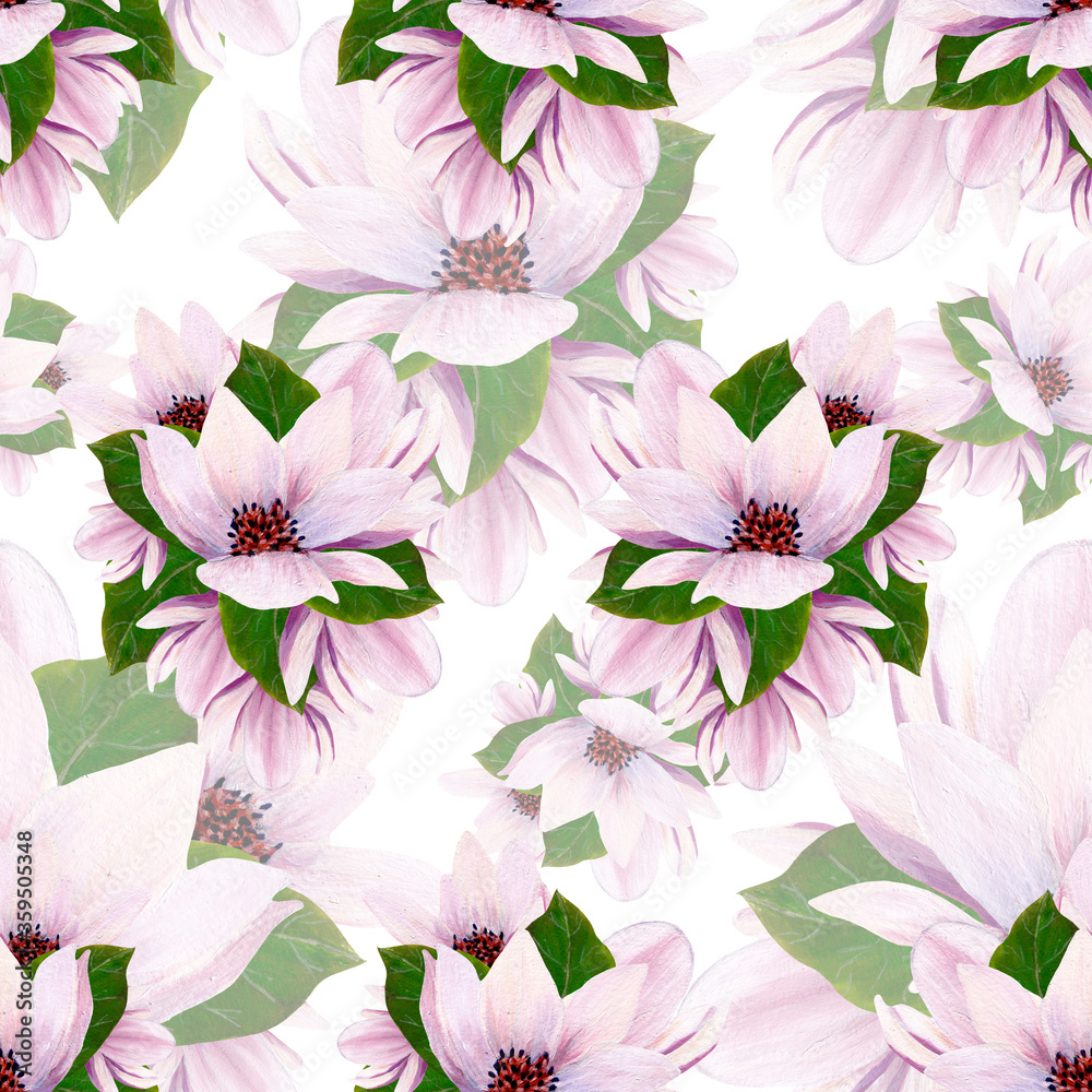 seamless pattern design with hand painted watercolor magnolia