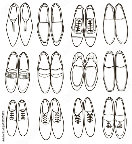 collection of men footwear isolated on white background (coloring book)