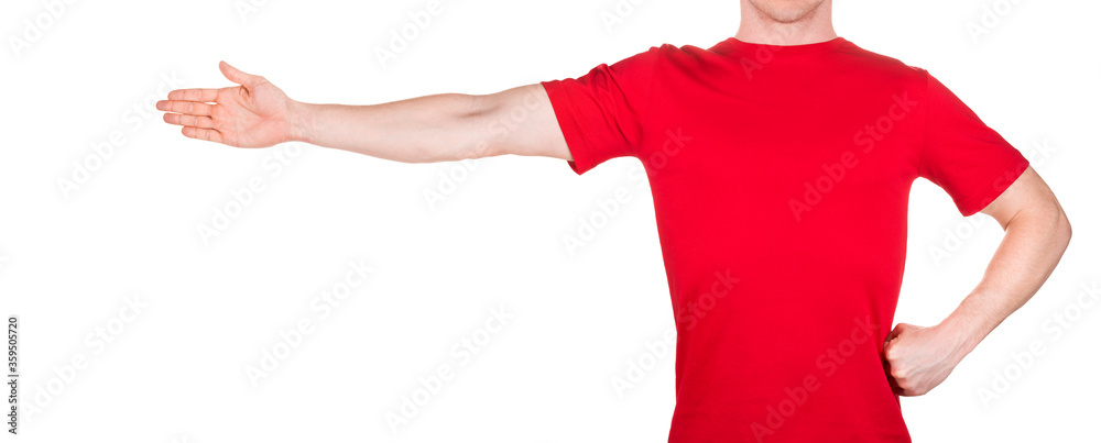 Man in red t-shirt stretched arm and fingers on the side isolated white Man in red t-shirt stretched arm and fingers on the side isolated white