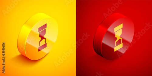 Free Download Isometric Old hourglass with flowing sand icon isolated on orange and red background. Sand clock sign. Business and time management concept. Circle button. Vector Illustration - GFXLoad
