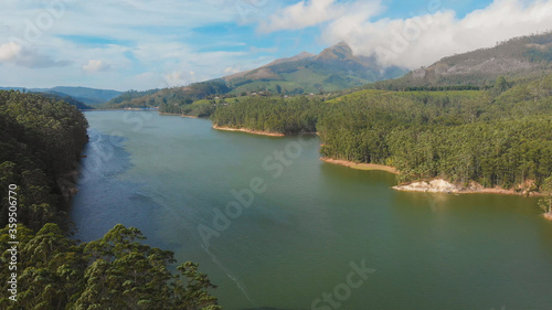 Aerial view beautiful nature with mountains and hills by Lake Mattupetty. Kerala State. Near the city of Munar. photo