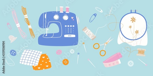 Needlework concept. Various sewing tools. Needles, scissors, pins, sewing machine, buttons, spools, threads, thimble etc. Hand drawn colored vector set. Cartoon style. All elements are isolated.