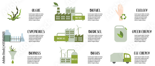 Biofuel concept. Algae fuel, biogas, biodiesel, infographics. Alternative eco friendly fuel. Vector flat illustration photo