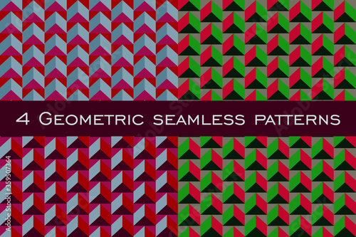 Set of 4 geometric seamless patterns. Geometric shapes in the correct order. Backgrounds of bright colors.