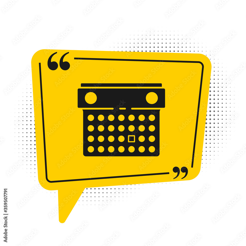 Black Calendar icon isolated on white background. Event reminder symbol. Yellow speech bubble symbol. Vector Illustration Black Calendar icon isolated on white background. Event reminder symbol. Yellow speech bubble symbol. Vector Illustration