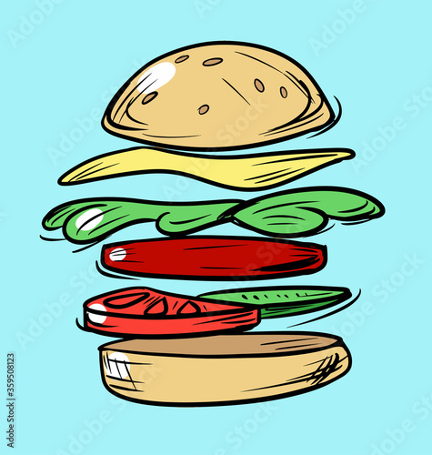 Vector Cartoon burger cut in slices floating