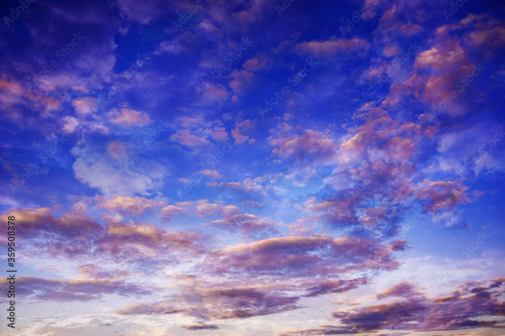Natural sky composition. Sunset, sunrise dramatic sky abstract background. Beautiful cloudscape, view on a fluffy colorful clouds. Freedom concept, on the heaven. Twilight sunset nature landscape.