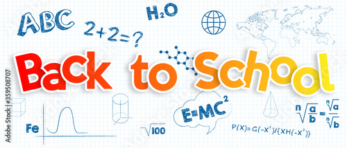 Back to school banner. White sheet of paper with drawings with blue pen.