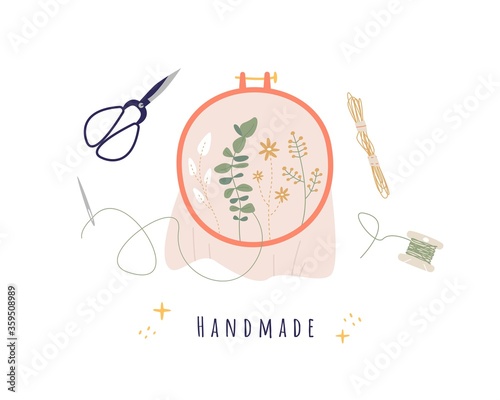 Various embroidery tools. Embroidery hoop, scissors, threads, needle. Trendy vector illustration. Pre-made logo for your design. Isolated on white background. Cartoon style. Nice background.