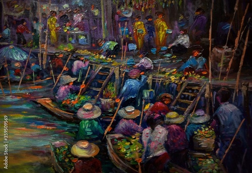 Hand drawn Art painting Oil color Floating market background design from thailand 