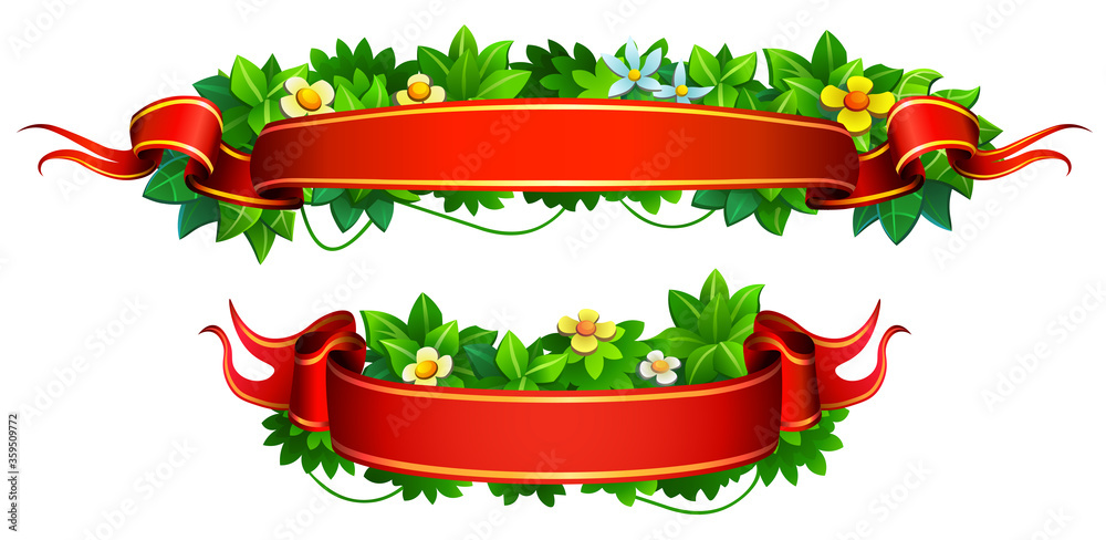 Red tape with green tropical leaves on white background. Vector set of red ribbons for text. Red tape with green tropical leaves on white background. Vector set of red ribbons for text.