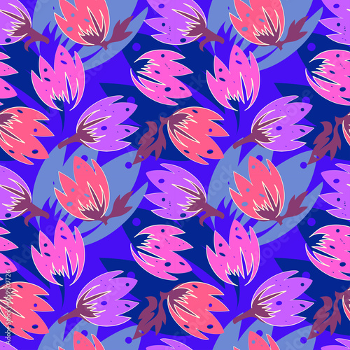 Vector seamless floral background stylish pattern with tulip flowers close-up on a bright blue background, trendy print for fabric, scarf, paper design