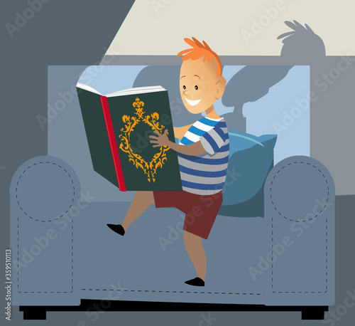 Little boy reading a book, light coming from it's page, EPS 8 vector illustration	
