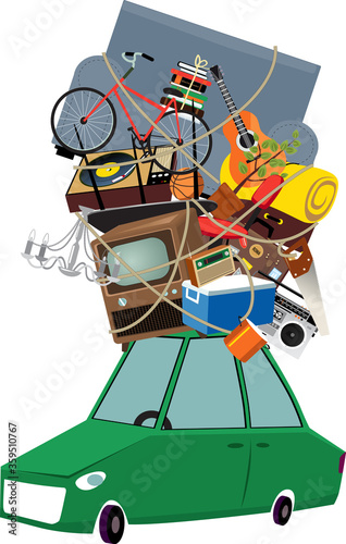 Little car loaded with assorted household items and furniture, ready to move or travel, EPS 8  vector illustration
