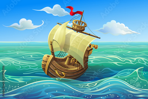 Vector wooden ship. Boat schooner under white sails in the sea.