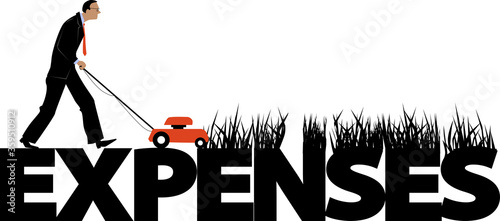 Businessman trimming a word expenses using  a lawnmower, EPS 8 vector illustration