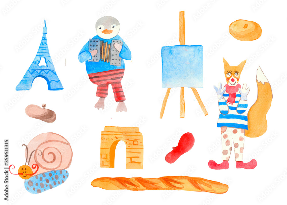 A large watercolor set of French elements.Nice clip art journey to Europe  with penguin,fox,sights,mime,molbert,baguette,snail,beret. Design for  advertising,social networks. Stock Illustration | Adobe Stock