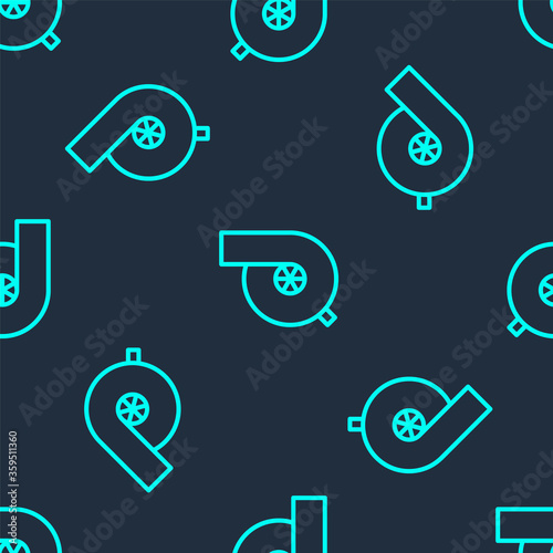 Green line Automotive turbocharger icon isolated seamless pattern on blue background. Vehicle performance turbo. Turbo compressor induction.  Vector Illustration