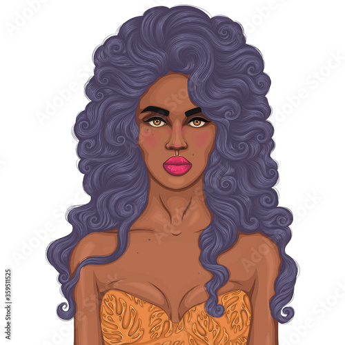 Vector drawn portrait African woman with magnificent curly hairstyle, long purple hair. Attractive girl fashion top model. Design card, print on t-shirt clothes. Isolated on a white background