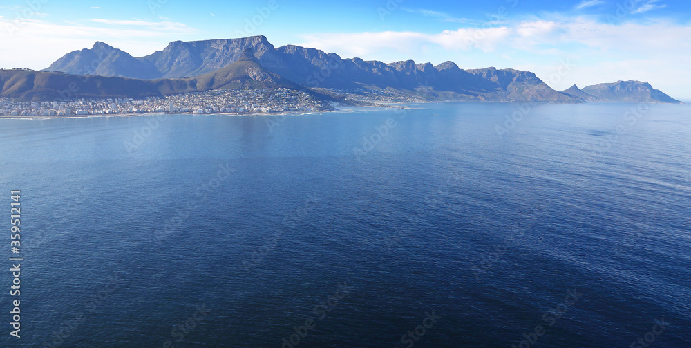 Cape Town, Western Cape / South Africa - 10/02/2019: Aerial photo of Table Mountain and Western Seaboard
