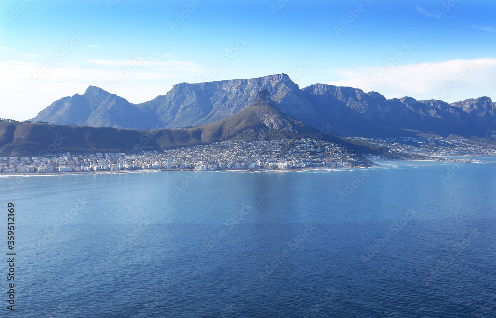 Naklejka premium Cape Town, Western Cape / South Africa - 10/02/2019: Aerial photo of Cape Town Western Seaboard from the ocean