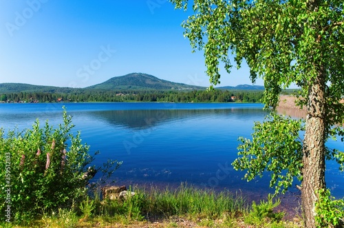 A sunny summer morning around lake Siljan with forests and rolling hills in beautiful Dalarna,Sweden photo