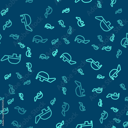 Green line Fencing helmet mask icon isolated seamless pattern on blue background. Traditional sport defense.  Vector Illustration