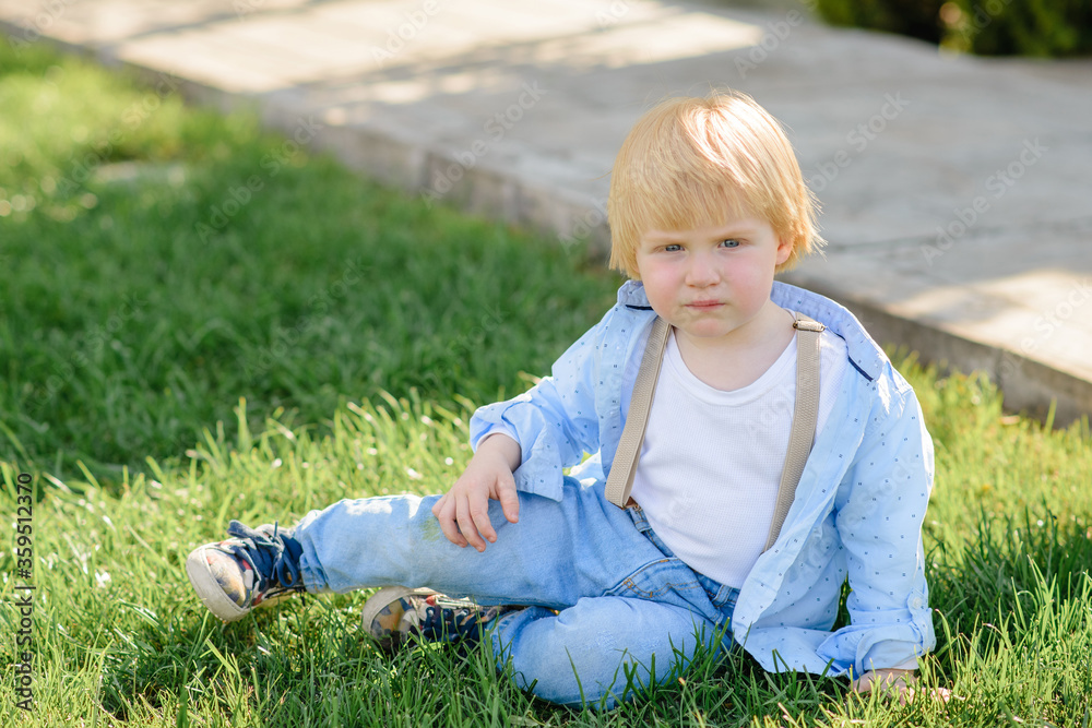 Little blond boy sits on the green grass. Little blond boy sits on the green grass.