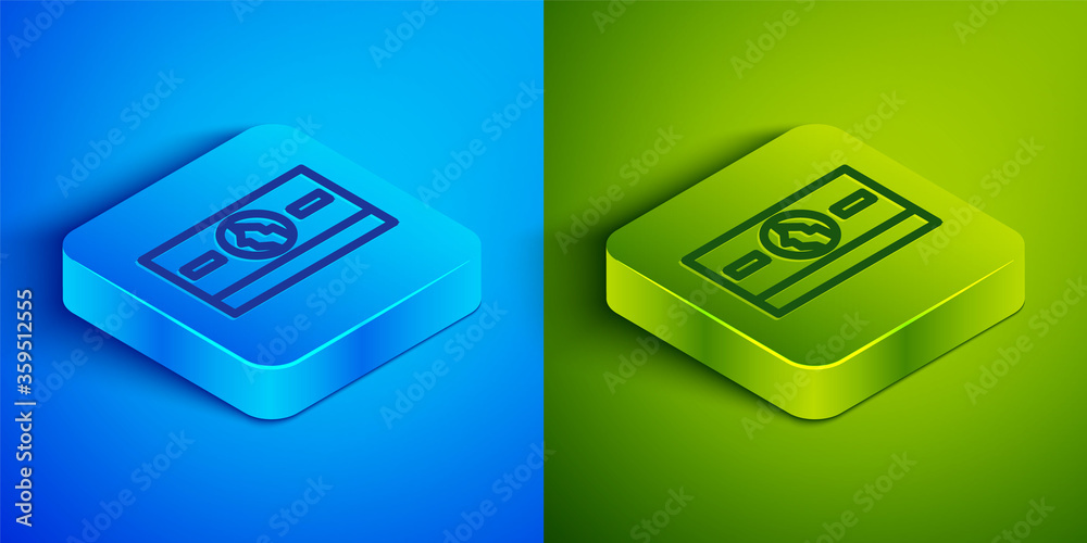 Isometric line Stacks paper money cash icon isolated on blue and green background. Money banknotes stacks. Bill currency. Square button. Vector Illustration