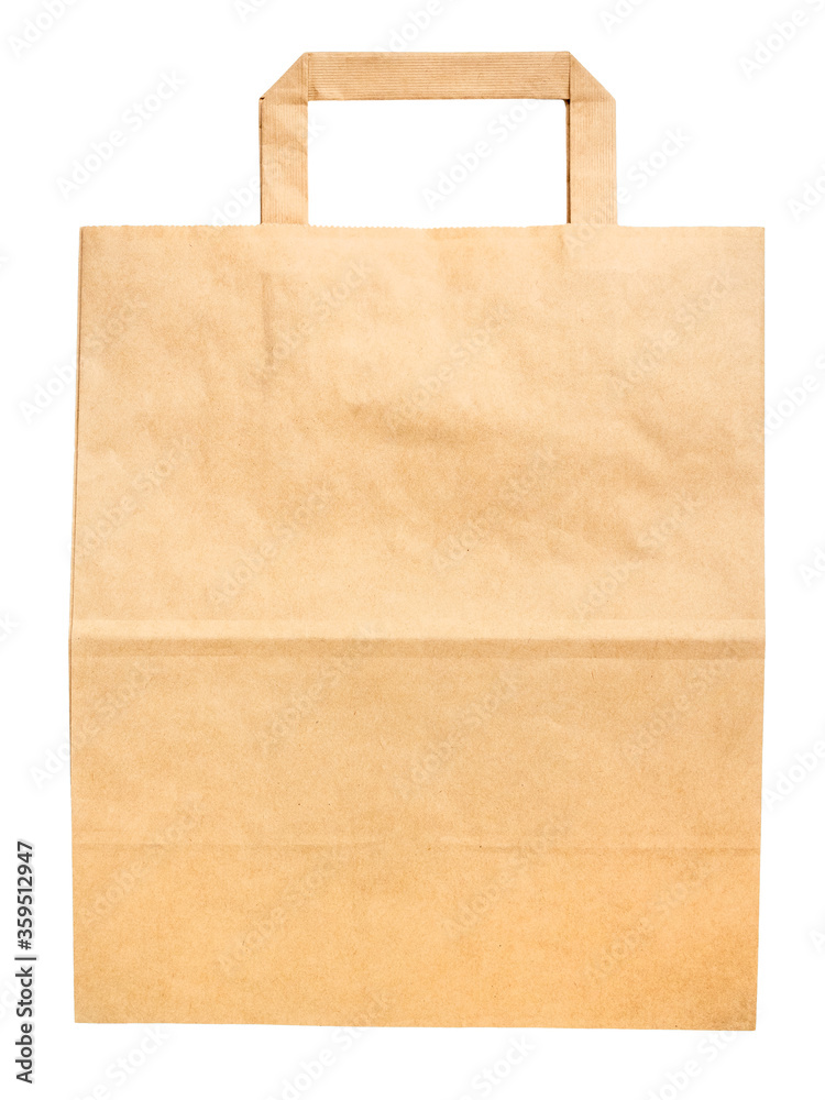 Brown paper bag isolated on white background, mockup. An empty shopping bag made of craft paper, a template or blank for your store ad. Eco-friendly and recyclable food packaging