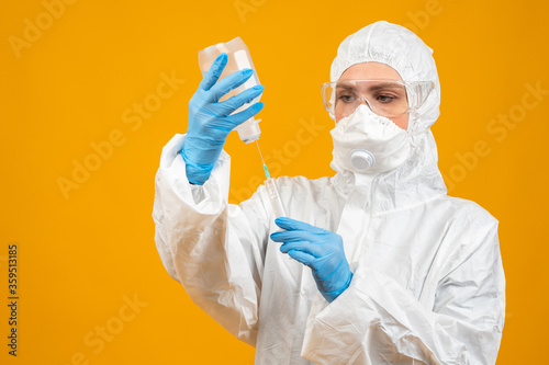 A girl in a protective suit...