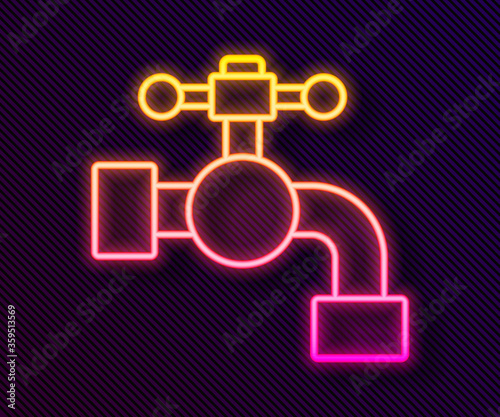 Glowing neon line Water tap icon isolated on black background. Vector Illustration