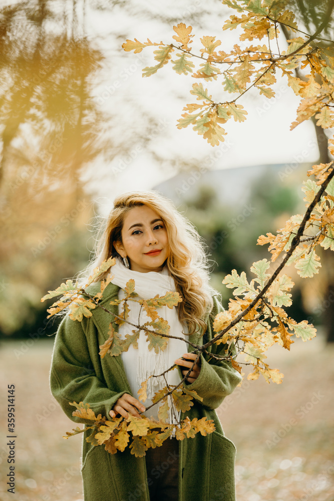 Beautiful Autumn Asian woman with Autumn Leaves on Fall Nature Background. Beautiful Autumn Asian woman with Autumn Leaves on Fall Nature Background.