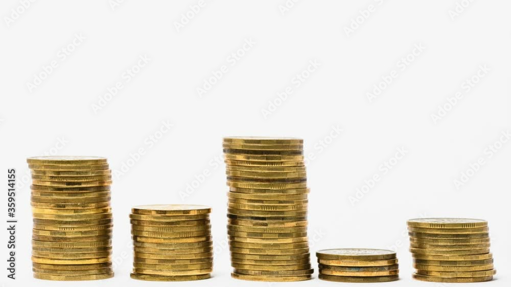 Growing saving money or inflation concept, four piles of golden coins appear, increasing, ascending at white isolated background Growing saving money or inflation concept, four piles of golden coins appear, increasing, ascending at white isolated background