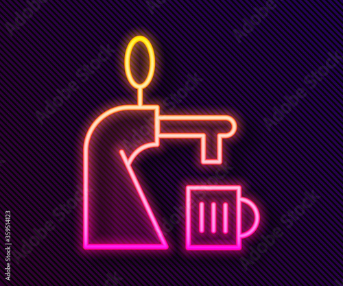 Glowing neon line Beer tap with glass icon isolated on black background. Vector Illustration