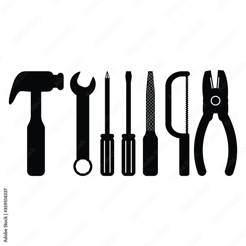 Work Tools Black Saw Wrench Hammer Screwdriver Icon Set Handyman Services DIY Toolbox Vector Illustration Work Tools Black Saw Wrench Hammer Screwdriver Icon Set Handyman Services DIY Toolbox Vector Illustration