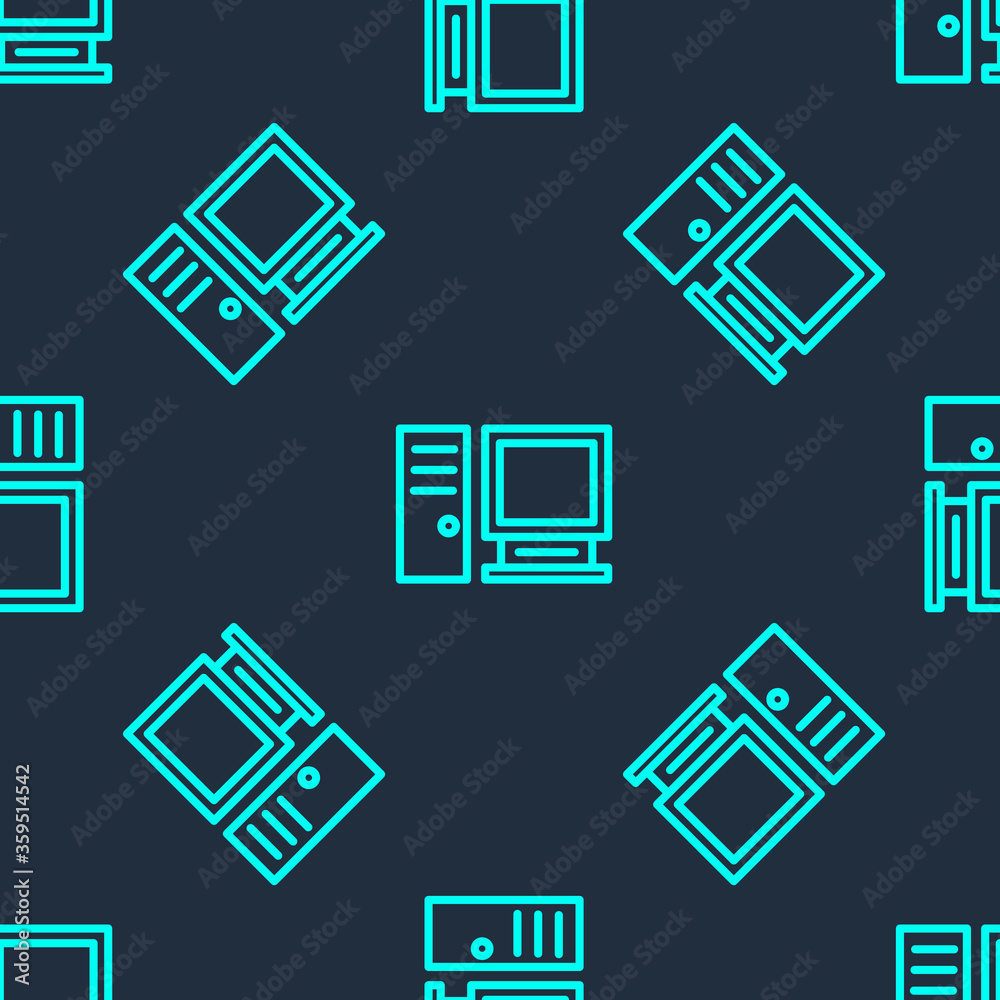 Green line Computer monitor icon isolated seamless pattern on blue background. PC component sign.  Vector Illustration