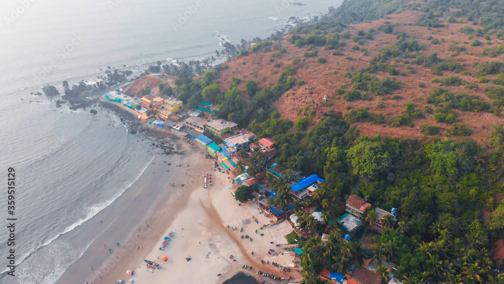 Aerial drone view of Arambol beach at Goa. India.