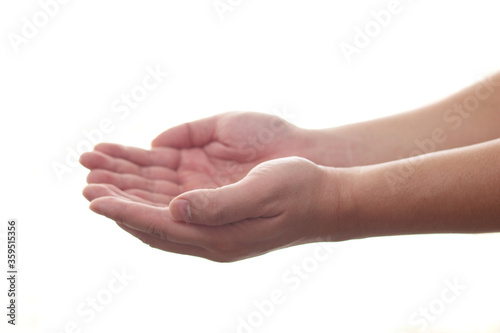 Hand gesture open up like holding something on palm isolated on white background © airdone