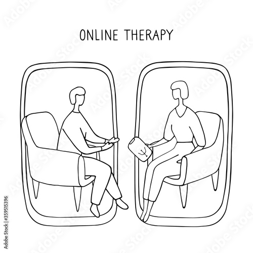 Man at the psychologist online session. Doctor consultation by phone. Video call to psychiatrist. Online psychological therapy. Hand drawn vector graphic