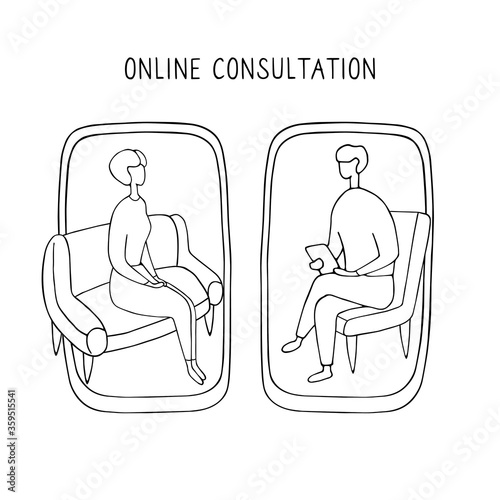Woman at the psychologist online session. Doctor consultation by phone. Video call to psychiatrist. Online psychological therapy. Hand drawn doodle vector graphic