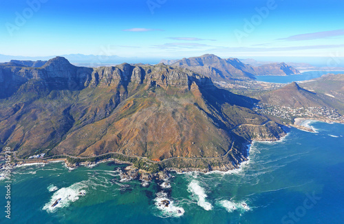 Cape Town, Western Cape / South Africa - 06/07/2019: Aerial photo of 12 Apostles Hotel and Oudekraal with Hout Bay in the background