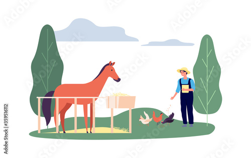 Animals farming. Man, corral horse hens. Flat farmer feed birds. Agricultural worker with chicken and pony vector illustration. Farm horse and hen, farming rural, animal and chicken countryside