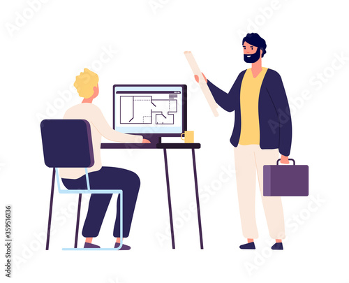 Designer and customer. Flat man with project, architect work with appartment plan. Design studio worker vector illustration. Designer drawing design project, engineer and architect