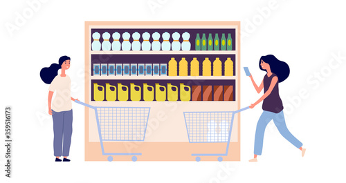 Grocery store shelf. Women with carts, food and related products. Flat customers or shoppers in supermarket vector illustration. Woman in supermarket with empty cart