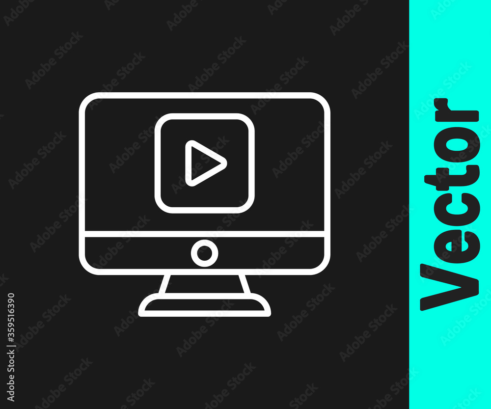 White line Online play video icon isolated on black background. Computer monitor and film strip with play sign. Vector Illustration White line Online play video icon isolated on black background. Computer monitor and film strip with play sign. Vector Illustration